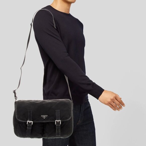 Prada Tessuto Vintage Nylon Saffiano Vela large Messenger Bag Black - Picture 10 of 15